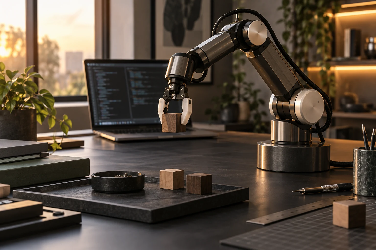 AI concept of a small graphite robotic arm holding a wooden block