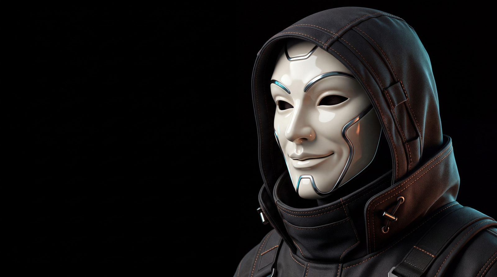 Glossy ivory anonymity mask, graphite hood and cyan-copper edge lighting on pure black.