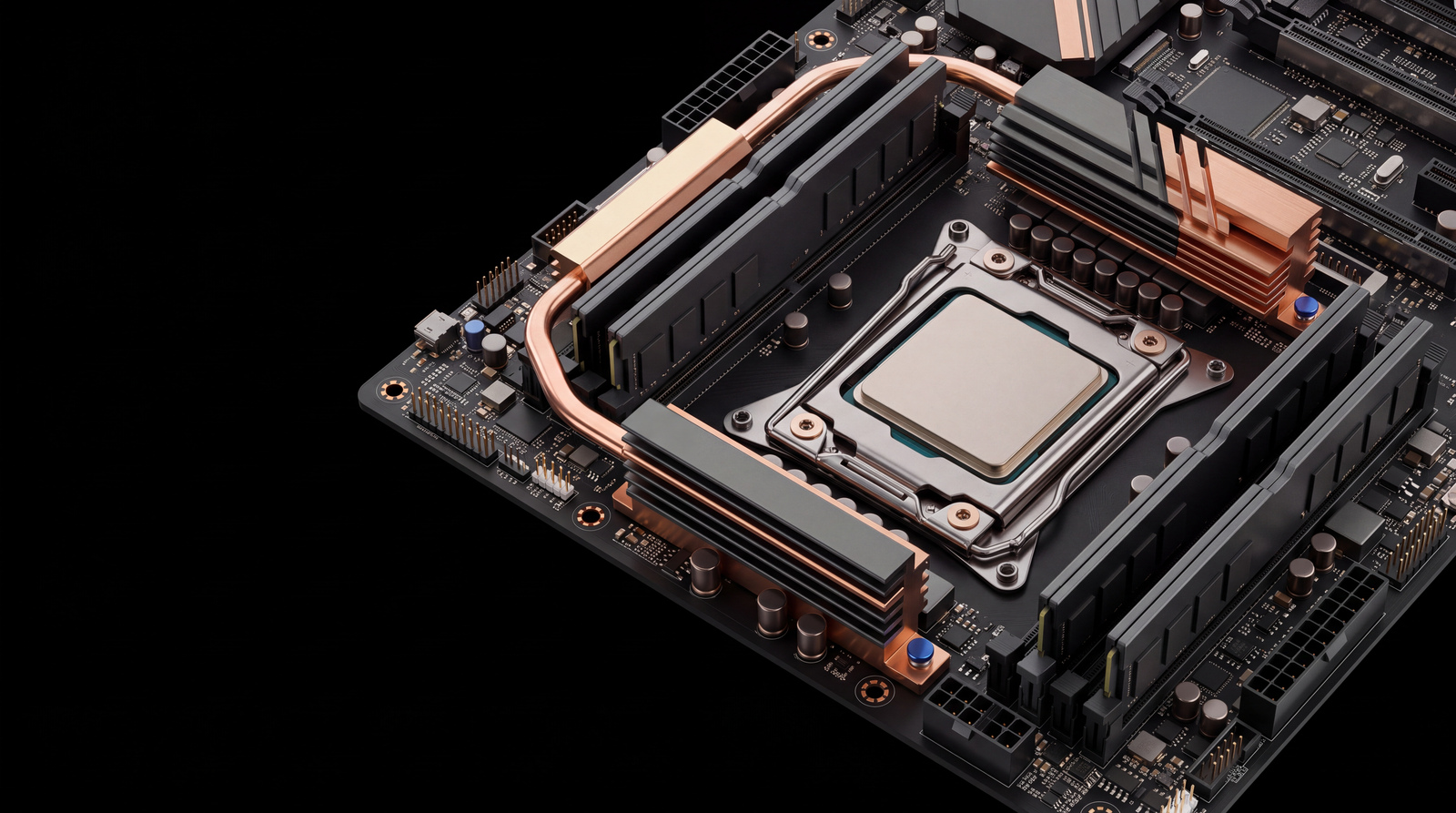 Graphite motherboard geometry, copper heatsinks and a precision processor assembly.