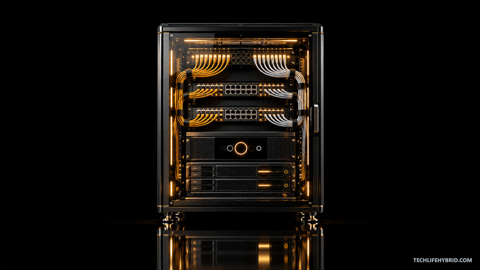 Network-security rack in amber and ice-white on deep black, centered for desktop screens.