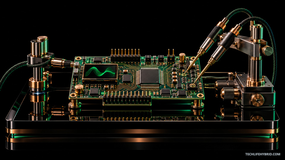 Microcontroller bench in emerald and copper on deep black, centered for desktop screens.