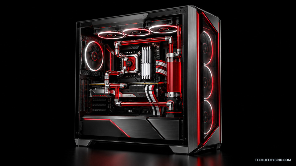 Liquid-cooled gaming PC in ruby and platinum on deep black, centered for desktop screens.
