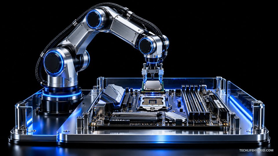 Robotic processor assembly in sapphire and silver on deep black, centered for desktop screens.