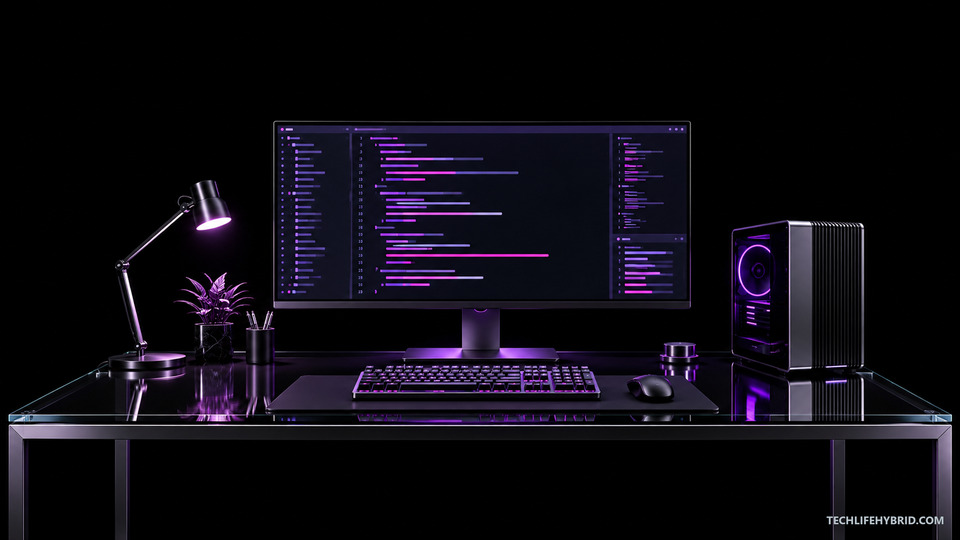 Coding workstation in violet and magenta on deep black, centered for desktop screens.
