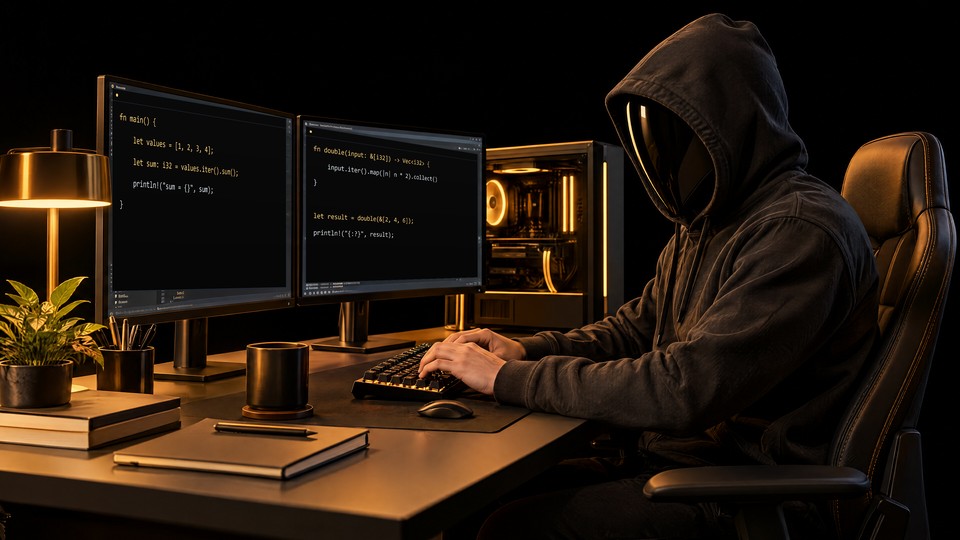 A hooded operator at an amber-lit coding workstation with a physical keyboard.