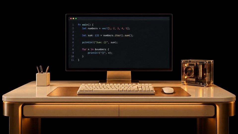 A warm amber Rust programming desk with glass display and physical keyboard.