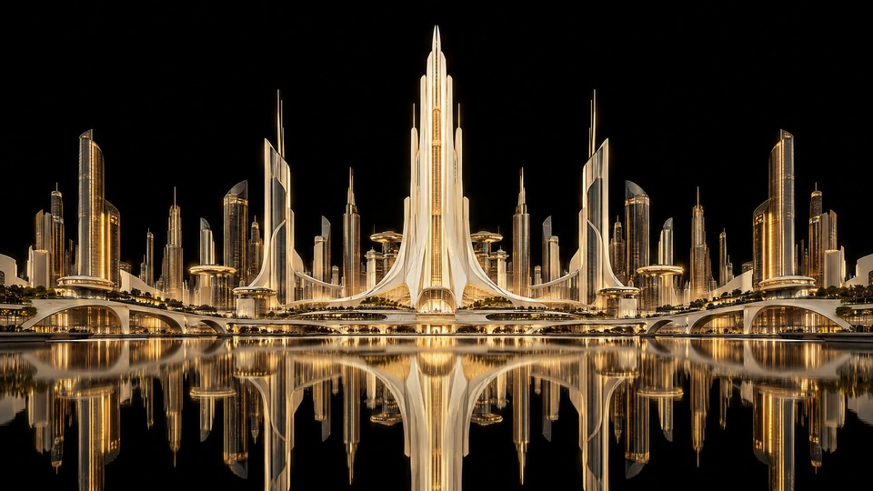 An amber and cream future skyline over a black reflective surface.