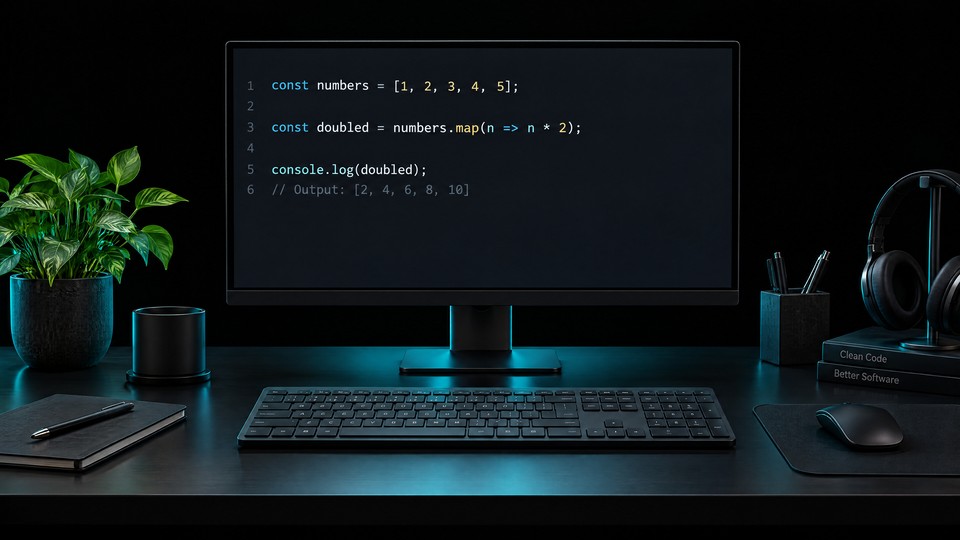 A JavaScript workstation with cyan glass edges, keyboard and crisp code.