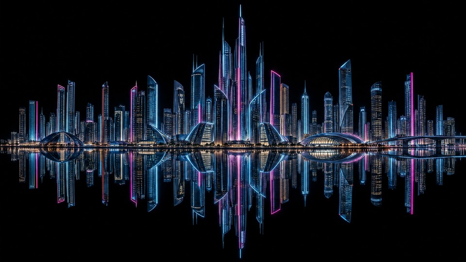 A centered blue and magenta future skyline with a sharp reflection on black.