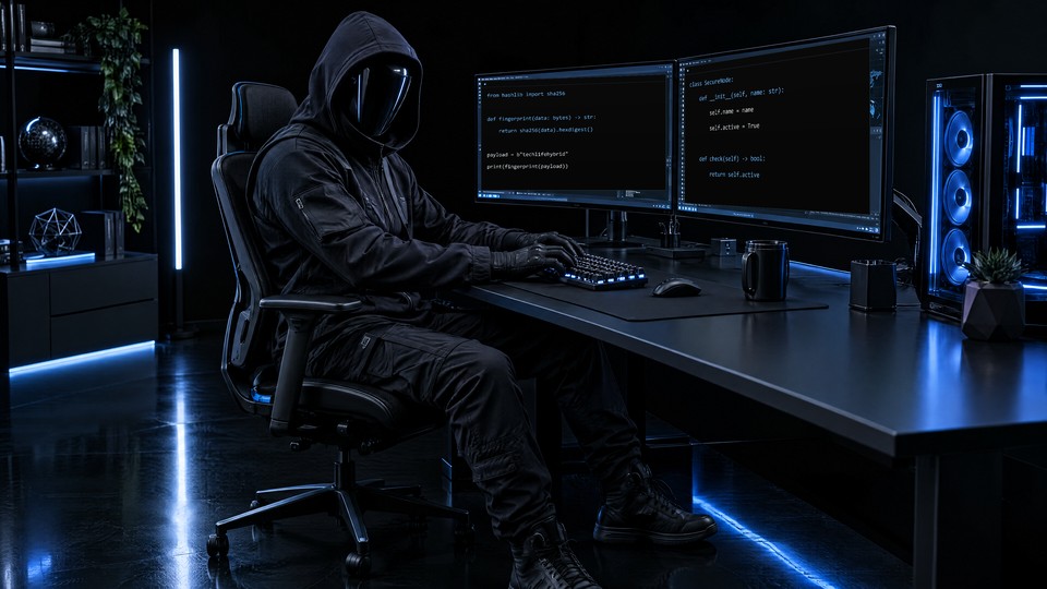 A hooded developer at a multiple-screen coding workstation on black.