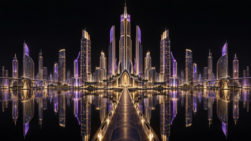 A violet and gold future skyline with precise glass towers and dark water.