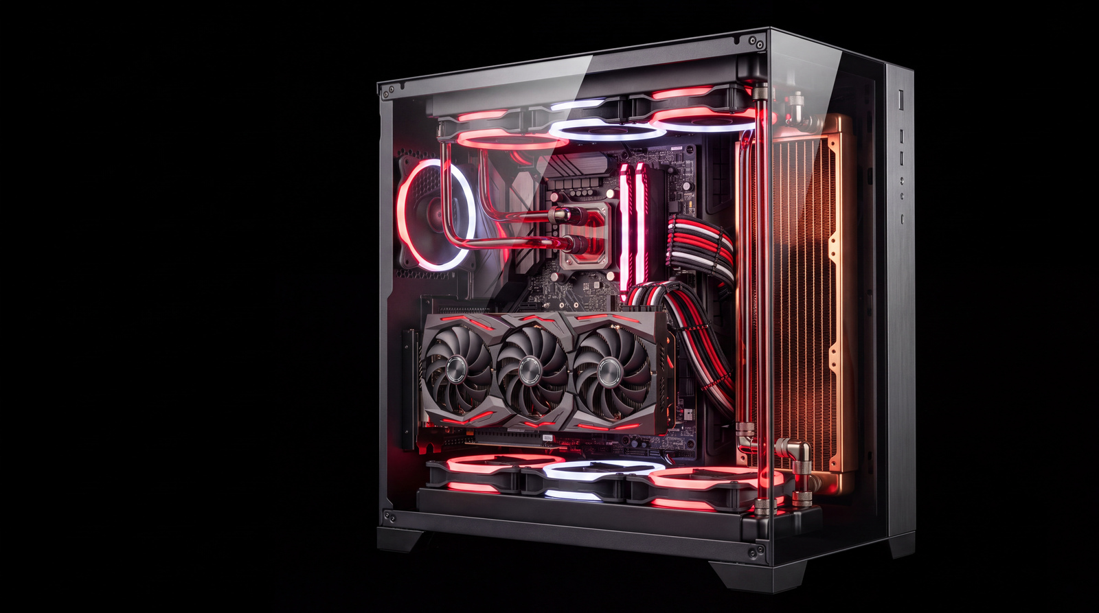 An original gaming PC with ruby light, copper cooling and sharply resolved hardware.