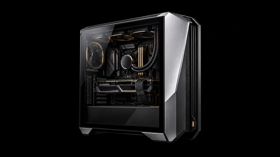 A precision-built PC tower with copper lighting and graphite hardware.