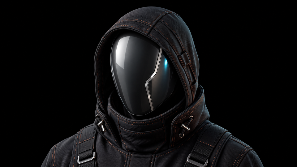 An original faceless operator in a smoked-glass visor and dark technical gear.