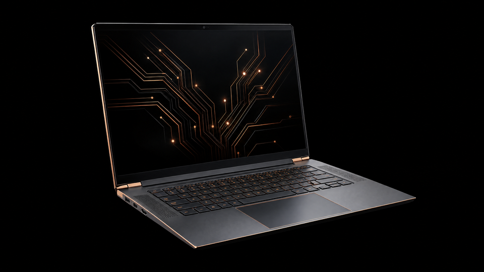 A slim copper-accented creator laptop showing an original circuit motif.