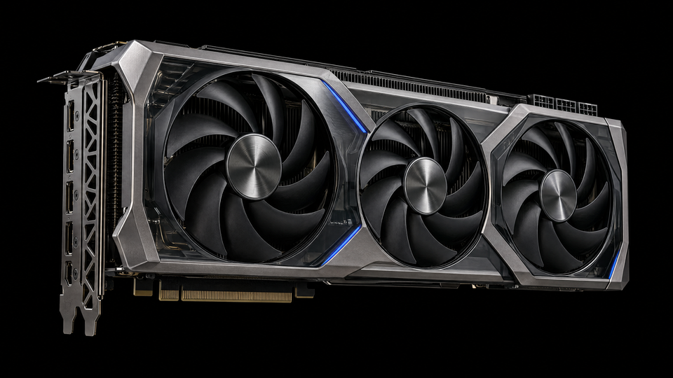 A triple-fan graphics card with restrained cobalt reflections.
