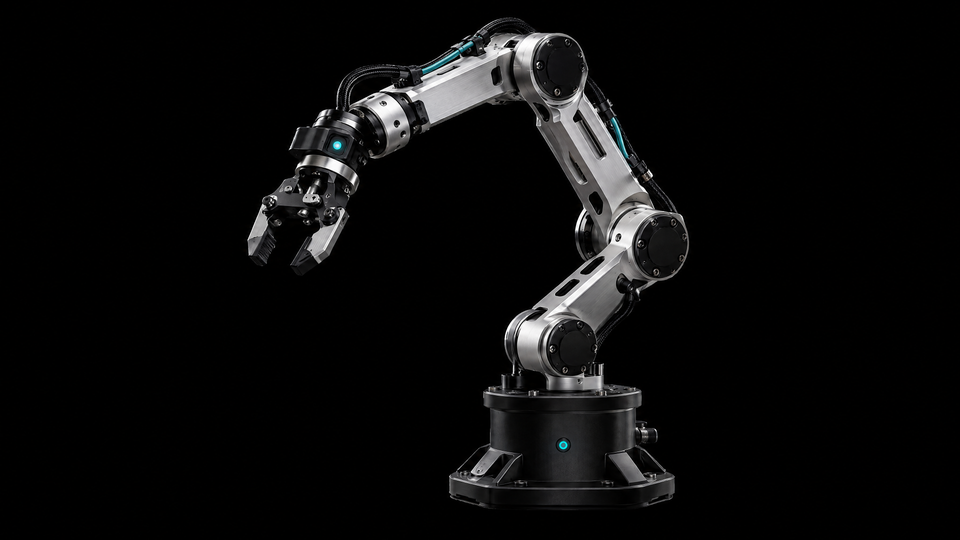 An articulated industrial robotics arm with clean teal highlights.