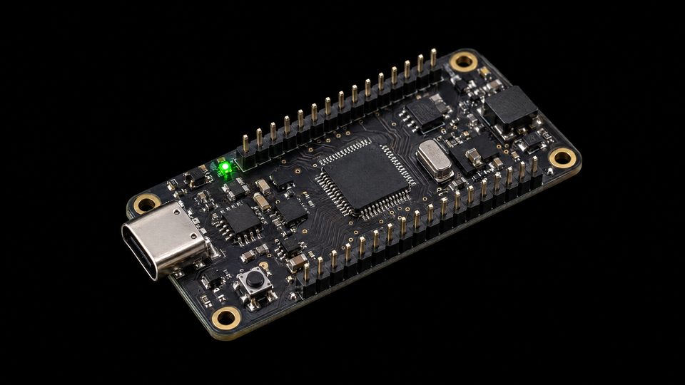 An original microcontroller board with visible components and emerald status light.