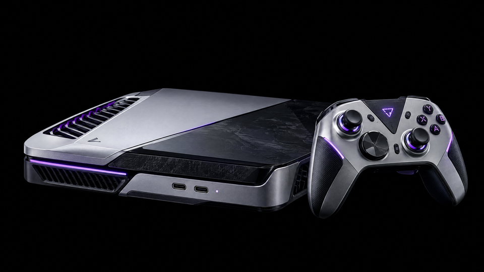 An original gaming console and controller with violet edge lighting.