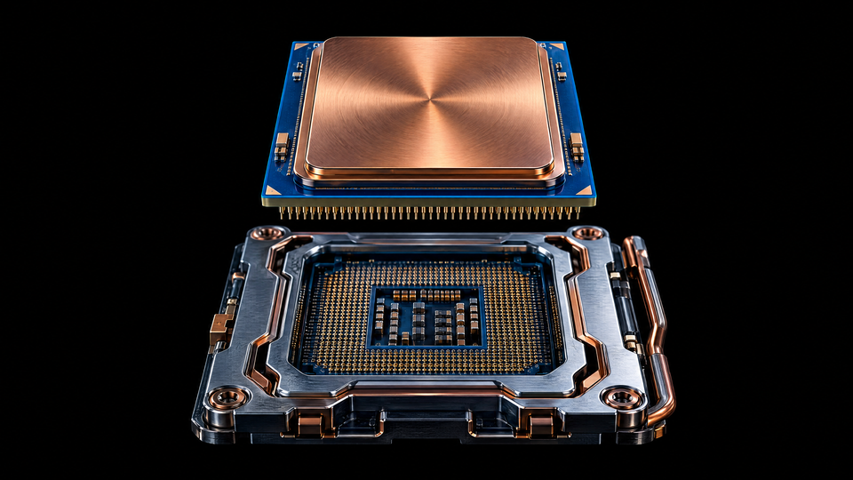 A premium processor and socket assembly in sapphire and copper.