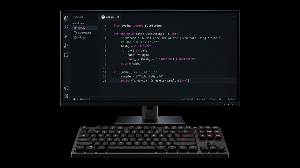 A developer workstation showing a readable Python checksum example.