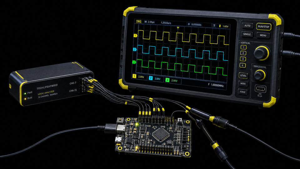 A firmware lab with logic analyzer, oscilloscope, and microcontroller.