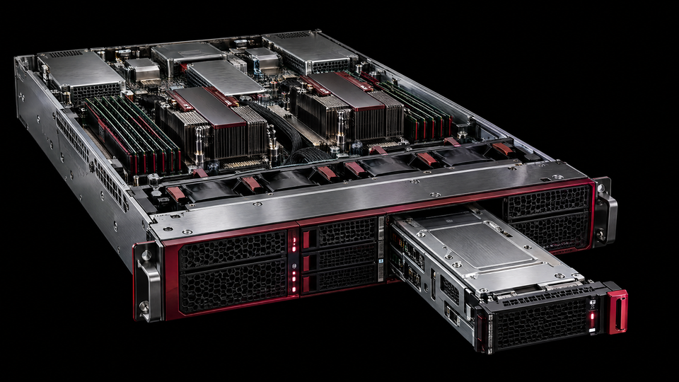 A modular server blade with burgundy status lighting.