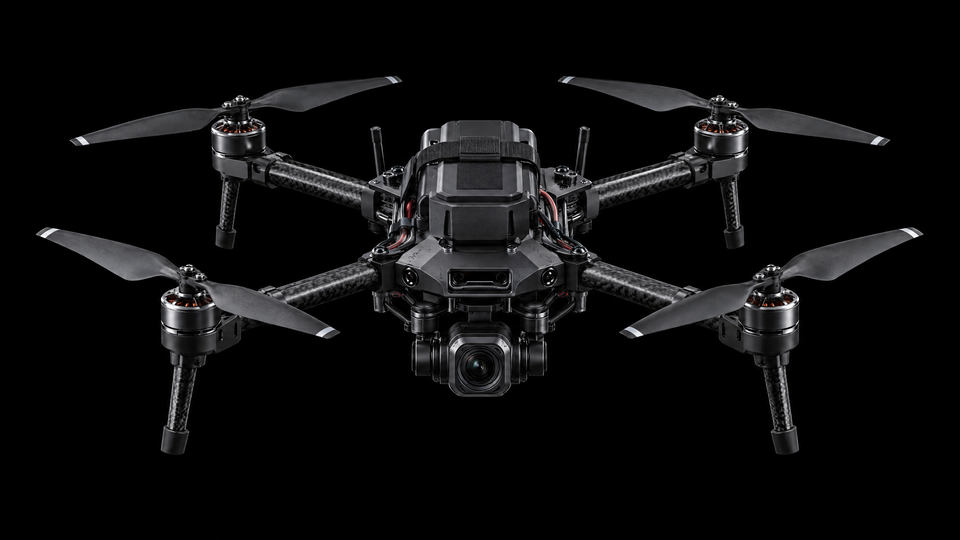 A white and silver inspection drone with an original camera housing.