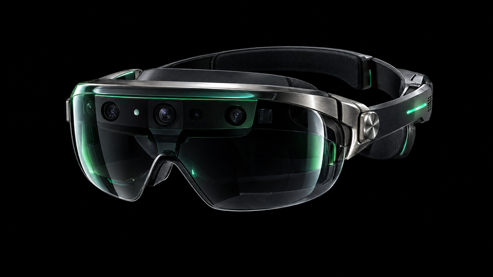 A mixed-reality headset with aurora-colored glass reflections.