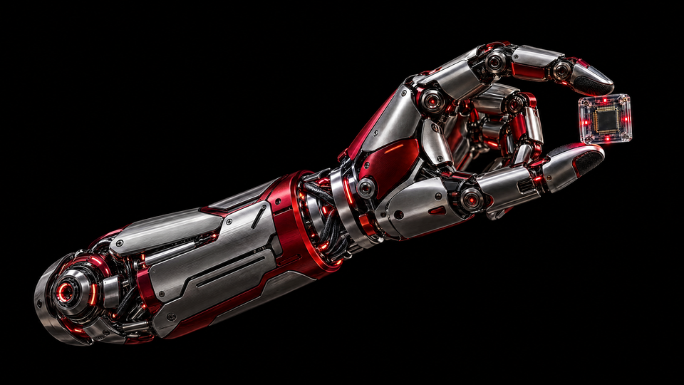 A precision robotic hand with ruby-lit articulated mechanisms.