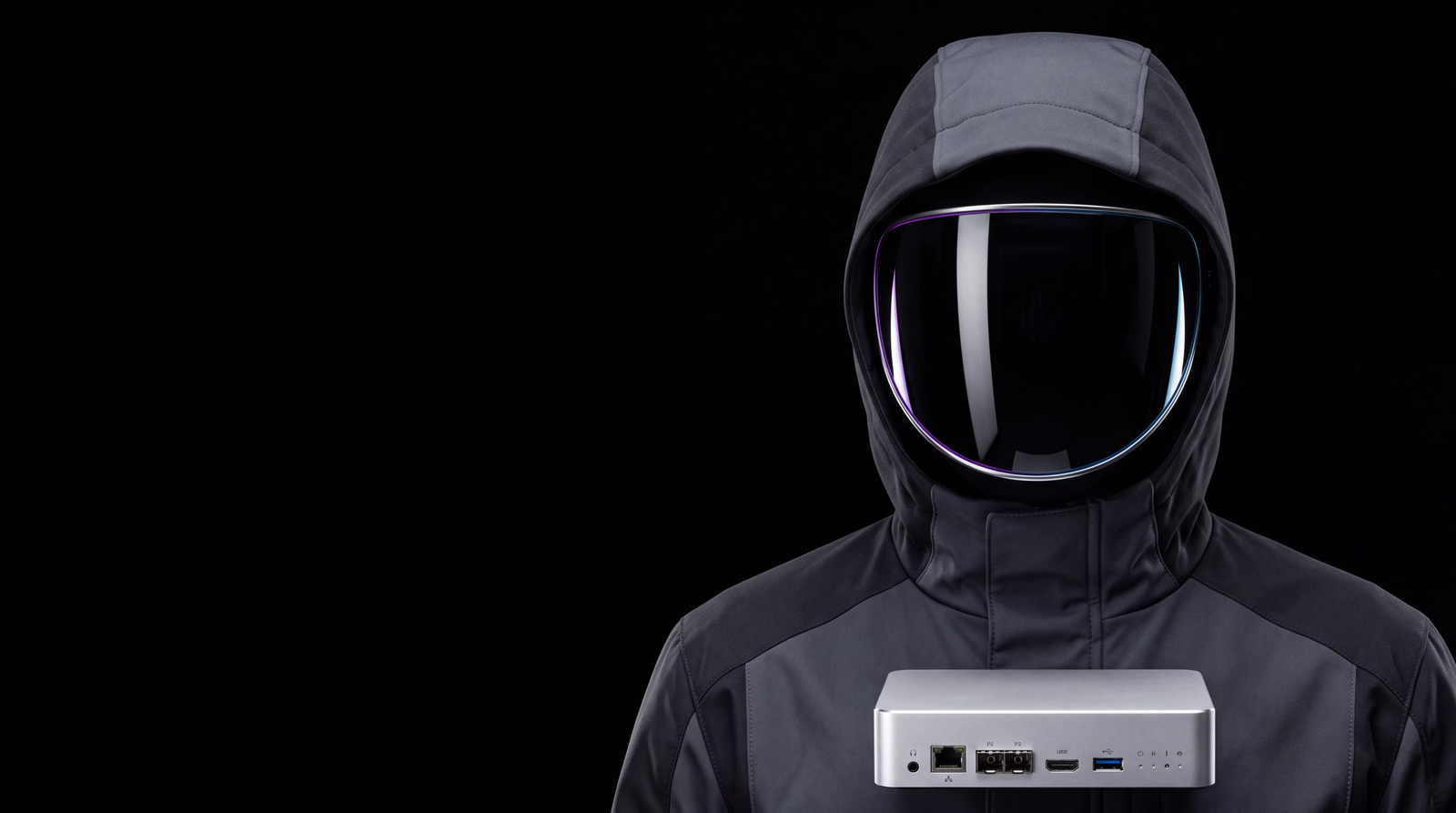 An anonymous operator with a glossy black visor, crisp violet-cyan highlights and silver hardware.